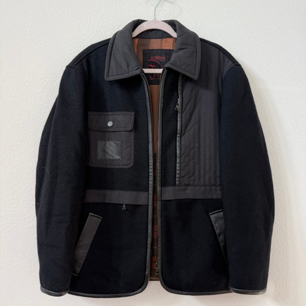 Torras Wool Leather Trim‎ Jacket Black L Plaid Lined Spain Luxury Coat